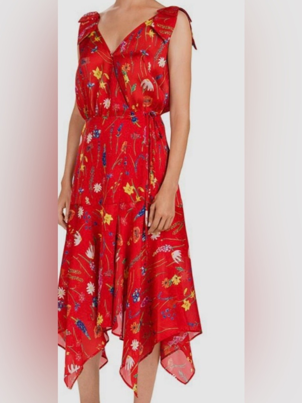 The Kooples Red Floral V-neck Wrap-Style Midi Dress